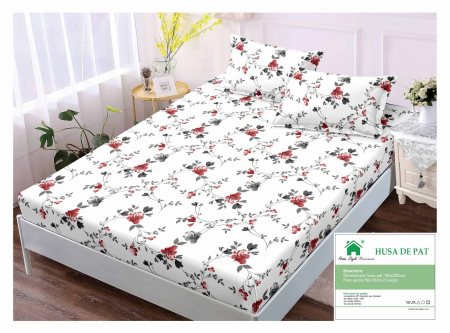 HUSE DE PAT CU ELASTIC - Husa Din Finet Cu Elastic Si Fete De Perna 160x200cm - Floricele Rosii