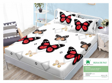 HUSE DE PAT CU ELASTIC - Husa Din Finet Cu Elastic Si Fete De Perna 160x200cm - Fluturi Rosii