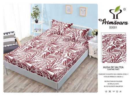 HUSE DE PAT CU ELASTIC - Husa Din Finet Cu Elastic Si Fete De Perna 160X200cm - Frunze Grena