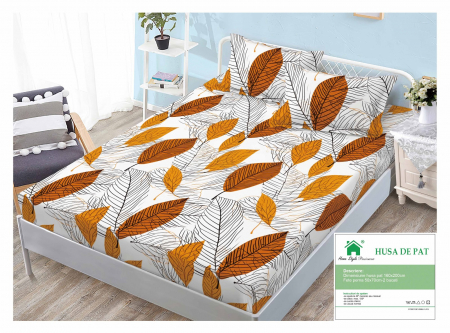 HUSE DE PAT CU ELASTIC - Husa Din Finet Cu Elastic Si Fete De Perna 160x200cm - Frunze Portocalii