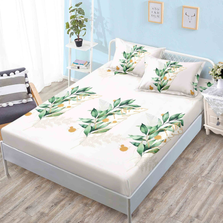 Huse De Pat Finet 160x200cm - Husa Din Finet Cu Elastic Si Fete De Perna 160X200cm - Frunze Verzi