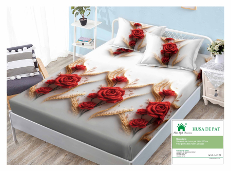 Huse De Pat Finet 160x200cm - Husa Din Finet Cu Elastic Si Fete De Perna 160x200cm - Alb Cu Gri Si Trandafiri Rosii