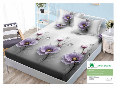 Huse De Pat Finet 160x200cm - Husa Din Finet Cu Elastic Si Fete De Perna 160x200cm - Gri Cu Alb Si Flori Violet