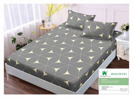 HUSE DE PAT CU ELASTIC - Husa Din Finet Cu Elastic Si Fete De Perna 160x200cm - Gri Abstract