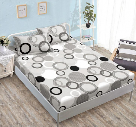 HUSE DE PAT CU ELASTIC - Husa Din Finet Cu Elastic Si Fete De Perna 160x200cm - Gri Cu Cercuri Negre