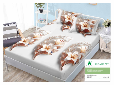 Huse De Pat Finet 160x200cm - Husa Din Finet Cu Elastic Si Fete De Perna 160x200cm - Gri Cu Crini Albi