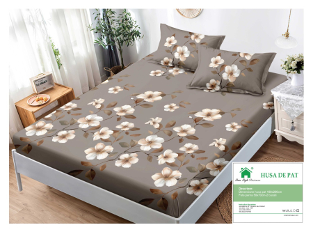 Huse De Pat Finet 160x200cm - Husa Din Finet Cu Elastic Si Fete De Perna 160x200cm - Gri cu Flori