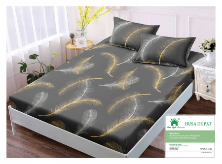 HUSE DE PAT CU ELASTIC - Husa Din Finet Cu Elastic Si Fete De Perna 160x200cm - Gri Cu Pene