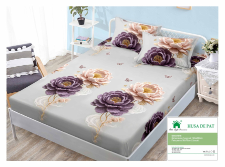 Huse De Pat Finet 160x200cm - Husa Din Finet Cu Elastic Si Fete De Perna 160x200cm - Gri Cu Trandafiri Tricotati