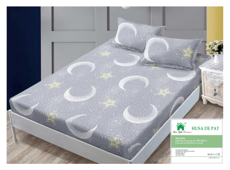 Huse De Pat Finet 160x200cm - Husa Din Finet Cu Elastic Si Fete De Perna 160x200cm - Gri Cu Luna si Stele