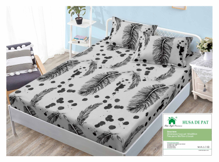 Huse De Pat Finet 160x200cm - Husa Din Finet Cu Elastic Si Fete De Perna 160x200cm - Gri Pene Si Stropi