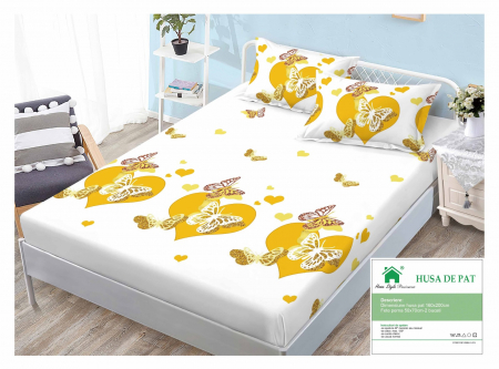 HUSE DE PAT CU ELASTIC - Husa Din Finet Cu Elastic Si Fete De Perna 160x200cm - Inimi Galbene