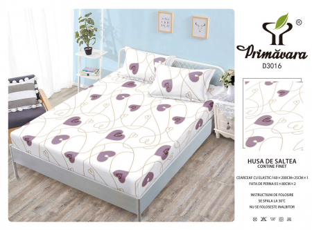 HUSE DE PAT CU ELASTIC - Husa Din Finet Cu Elastic Si Fete De Perna 160X200cm - Inimioare Creionate