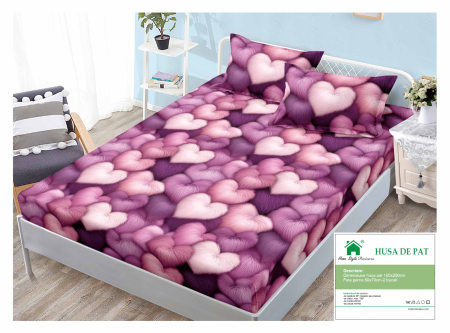 Huse De Pat Finet 160x200cm - Husa Din Finet Cu Elastic Si Fete De Perna 160x200cm -Inimioare Pufoase