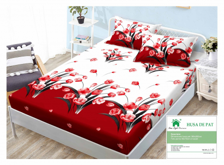 HUSE DE PAT CU ELASTIC - Husa Din Finet Cu Elastic Si Fete De Perna 160x200cm - Lalele Rosii