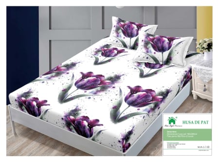 Huse De Pat Finet 160x200cm - Husa Din Finet Cu Elastic Si Fete De Perna 160x200cm - Lalele Stelare