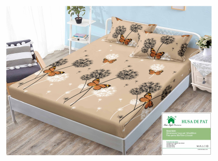 Huse De Pat Finet 160x200cm - Husa Din Finet Cu Elastic Si Fete De Perna 160x200cm - Maro Cu Fluturasi Si Papadii