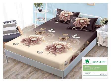 Huse De Pat Finet 160x200cm - Husa Din Finet Cu Elastic Si Fete De Perna 160x200cm - Maro Si Bej Cu Trandafiri Si Fluturasi
