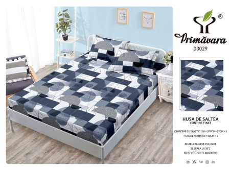 HUSE DE PAT CU ELASTIC - Husa Din Finet Cu Elastic Si Fete De Perna 160X200cm - Model Geometric Bleumarin