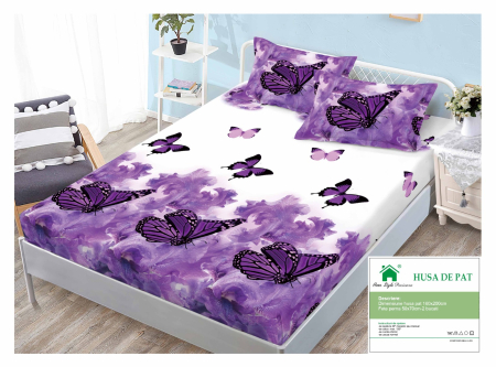 Huse De Pat Finet 160x200cm - Husa Din Finet Cu Elastic Si Fete De Perna 160x200cm - Mov Cu Fluturi