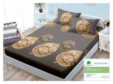 Huse De Pat Finet 160x200cm - Husa Din Finet Cu Elastic Si Fete De Perna 160x200cm - Neagra Cu Frunze Si Flori Tricotate
