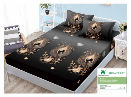 Huse De Pat Finet 160x200cm - Husa Din Finet Cu Elastic Si Fete De Perna 160x200cm - Neagra Cu Pene Paun Si Inimioare