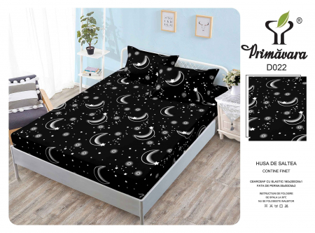 Huse De Pat Finet 160x200cm - Husa Din Finet Cu Elastic Si Fete De Perna 160X200cm - Negru Cu Stele