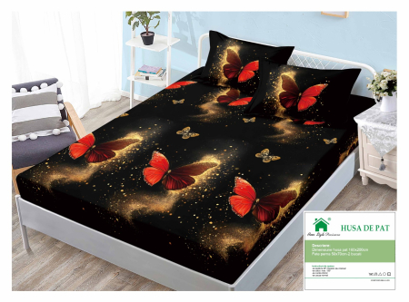 Huse De Pat Finet 160x200cm - Husa Din Finet Cu Elastic Si Fete De Perna 160x200cm - Negru Si Auriu Cu Fluturasi