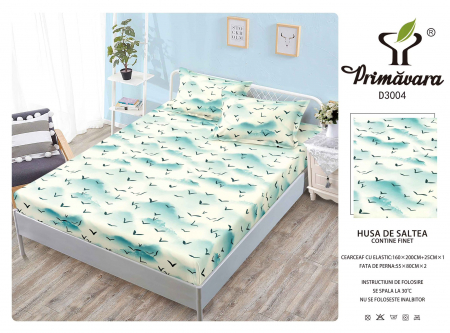 HUSE DE PAT CU ELASTIC - Husa Din Finet Cu Elastic Si Fete De Perna 160X200cm - Pasari Pe Cer