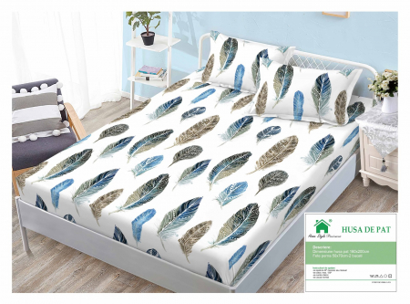 HUSE DE PAT CU ELASTIC - Husa Din Finet Cu Elastic Si Fete De Perna 160x200cm - Pene Bleu