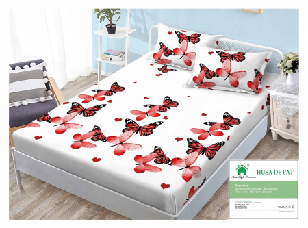 HUSE DE PAT CU ELASTIC - Husa Din Finet Cu Elastic Si Fete De Perna 160x200cm - Roi De Fluturasi
