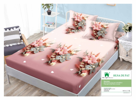 Huse De Pat Finet 160x200cm - Husa Din Finet Cu Elastic Si Fete De Perna 160x200cm - Roz Cu Flori Tricotate