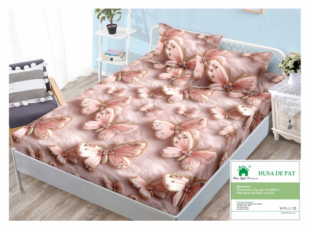 Huse De Pat Finet 160x200cm - Husa Din Finet Cu Elastic Si Fete De Perna 160x200cm - Roz Cu Fluturasi Pufosi