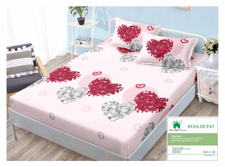 Huse De Pat Finet 160x200cm - Husa Din Finet Cu Elastic Si Fete De Perna 160x200cm - Roz Cu Inimioare