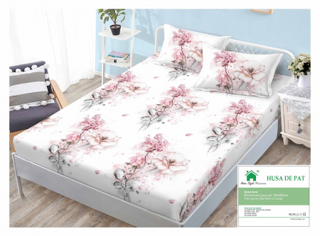 HUSE DE PAT CU ELASTIC - Husa Din Finet Cu Elastic Si Fete De Perna 160x200cm - Trandafiri Diafani