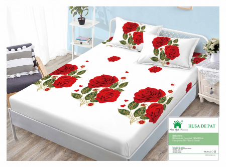 HUSE DE PAT CU ELASTIC - Husa Din Finet Cu Elastic Si Fete De Perna 160x200cm - Trandafiri Rosii