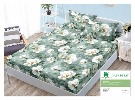 Huse De Pat Finet 160x200cm - Husa Din Finet Cu Elastic Si Fete De Perna 160x200cm - Verde Cu Flori Albe