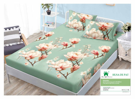 Huse De Pat Finet 160x200cm - Husa Din Finet Cu Elastic Si Fete De Perna 160x200cm - Verde Cu Flori De Cires