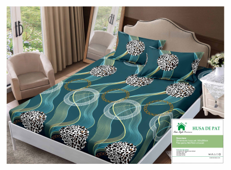 Huse De Pat Finet 160x200cm - Husa Din Finet Cu Elastic Si Fete De Perna 160x200cm - Verde Cu Forme Abstracte