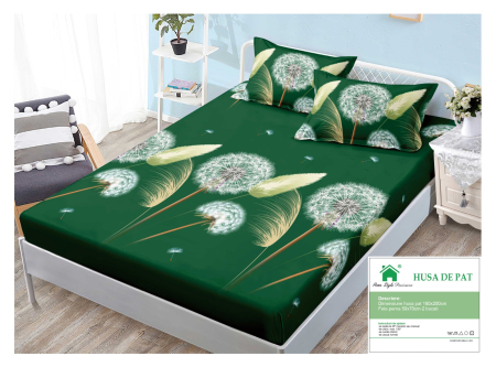 Huse De Pat Finet 160x200cm - Husa Din Finet Cu Elastic Si Fete De Perna 160x200cm - Verde Papadii Si Stuf