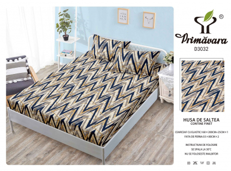 HUSE DE PAT CU ELASTIC - Husa Din Finet Cu Elastic Si Fete De Perna 160X200cm - Zig Zag Bej Bleumarin