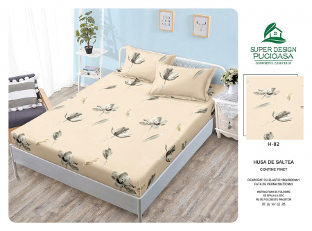 HUSE DE PAT CU ELASTIC - Husa Din Finet Cu Elastic Si Fete De Perna 160x200cm - Bej Deschis Floral