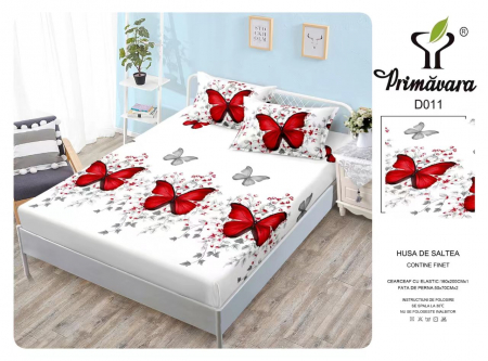 HUSE DE PAT CU ELASTIC - Husa Din Finet Cu Elastic Si Fete De Perna 160x200cm - Fluturi Rosii