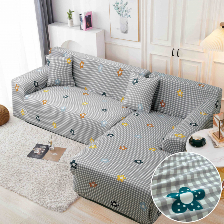 Husa Elastica Pentru Fotoliu/ Canapea/ Coltar - Gri/Floricele HUSE CANAPELE & SCAUNE - Husa Elastica Pentru Fotoliu/ Canapea/ Coltar - Gri/Floricele