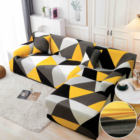 HUSE CANAPELE & SCAUNE - Husa Elastica Pentru Fotoliu/ Canapea/ Coltar - Triunghiuri/Galben/Gri