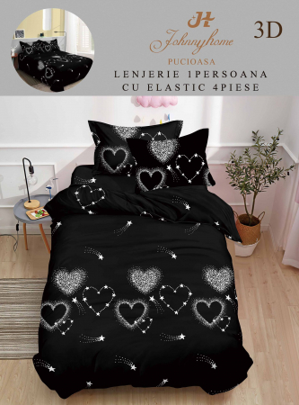 LENJERII 1 PERSOANA - Lenjerie Bumbac Satinat 1 Persoana 3D - Negru Inimioare