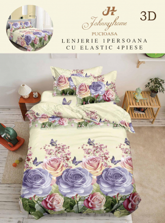 Cearceaf normal - Lenjerie Bumbac Satinat 1 Persoana 3D - Crem Trandafiri Lila