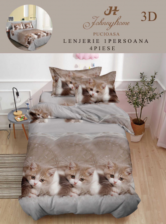 Cearceaf normal - Lenjerie Bumbac Satinat 1 Persoana 3D - Gri Pisicute