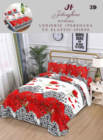 LENJERII 1 PERSOANA - Lenjerie Bumbac Satinat 1 Persoana 3D - Inimi Din Petale Rosii