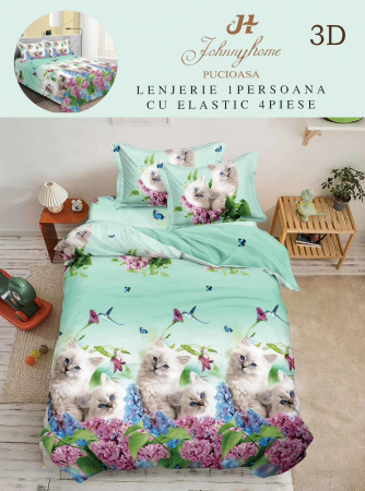 Cearceaf normal - Lenjerie Bumbac Satinat 1 Persoana 3D - Pisicute Cu Ochi Albastri